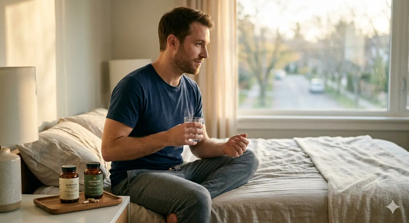 Natural supplements for morning wood displayed with capsules and healthy ingredients